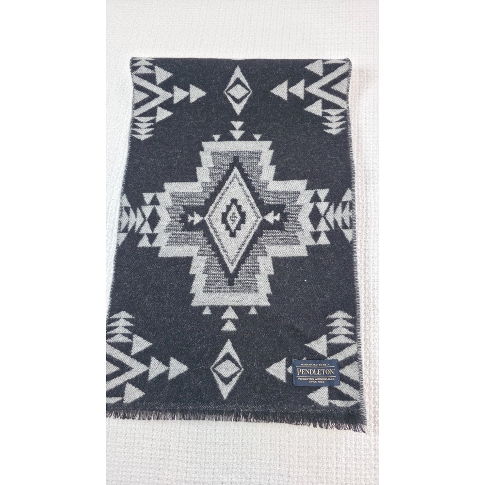 Pendleton Wool Scarf Unisex Grey Black Geometric Reversible Fringe - Picture 2 of 6